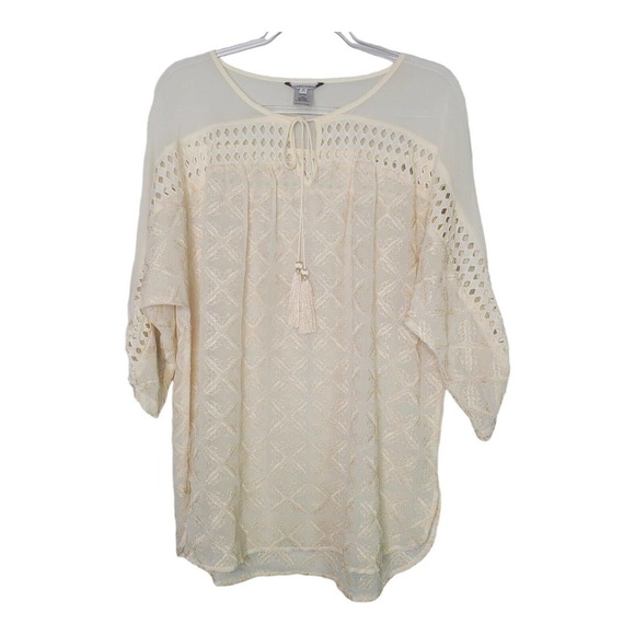 John Mark Tops - John Mark Womens Embroidered Keyhole Tie Up Neck Fold Up Cuff Sleeve Tunic Top M